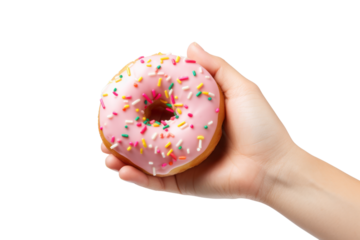 woman's hand holding a delicious donut. isolated on transparent and white background.PNG image.	