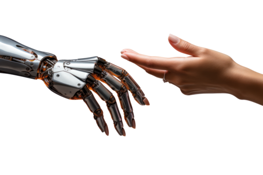 woman's hand and robot's hand isolated on transparent and white background.PNG image.