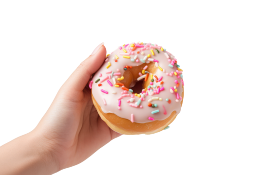 woman's hand holding a delicious donut. isolated on transparent and white background.PNG image.	