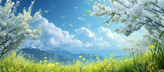 Foto op Plexiglas Blooming Meadow: Colorful Wildflowers and Trees under Clear Blue Sky © TheWaterMeloonProjec