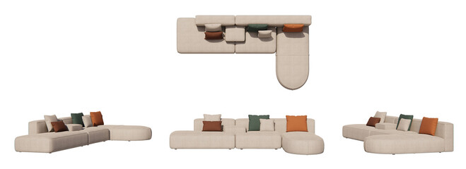sofa l shape, living room, isometric sofa, sofa with pillows mockup, top view, font view, side...