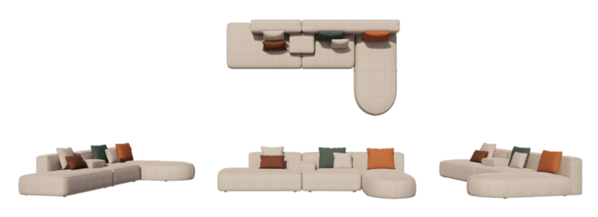 sofa l shape, living room, isometric sofa, sofa with pillows mockup, top view, font view, side view, isolated,perspective, rendering