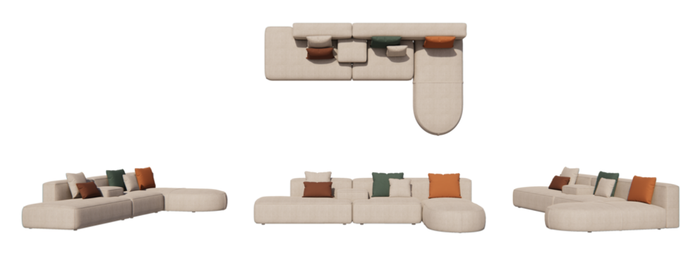 sofa l shape, living room, isometric sofa, sofa with pillows mockup, top view, font view, side view, isolated,perspective, rendering