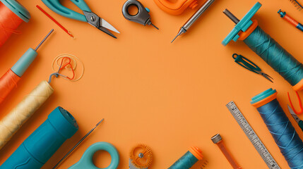 Closeup up sewing tools isolate on orange background - obrazy, fototapety, plakaty