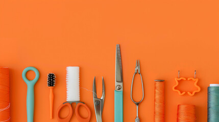 Closeup up sewing tools isolate on orange background - obrazy, fototapety, plakaty