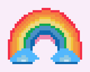 Fototapeta premium Rainbow and cloud pixel art isolated on background. Colorful cartoon vector illustration