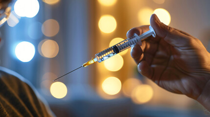 Closeup up syringe making insulin injection to him - obrazy, fototapety, plakaty