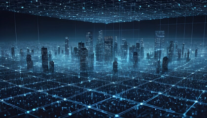 Modern cityscape with sky scraper buildings and modern interconnected technology network grid  from above 3D imaginative rendering in blue at night   