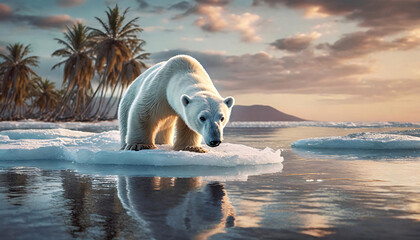 polar bear standing on an ice floe against the backdrop of a tropical island with palm trees