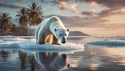 Foto op Aluminium polar bear standing on an ice floe against the backdrop of a tropical island with palm trees © Di Studio