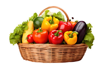 Fresh organic fruits and vegetables in basket isolated on transparent and white background.PNG image.	