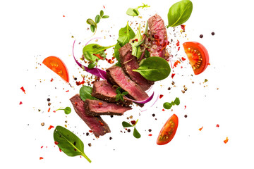 Thinly sliced beef steak Steak salad ingredients falling on a transparent white background.