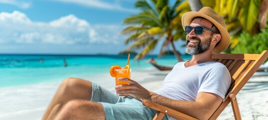 Man enjoying margarita cocktail on paradise beach on a sunny summer day with copy space © Ilja
