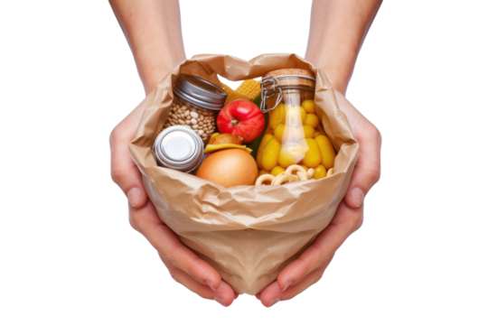 Food donation in hand, isolated, transparent background.