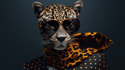 Fashionable stylish leopard wearing glasses and a jacket with a scarf around his neck on a gray background. Animal character close up fashion portrait.