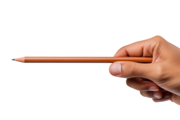 female hand holding a pencil isolated on transparent and white background.PNG image.