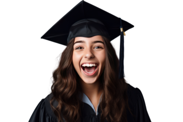 happy young student girl in hat of graduation isolated on transparent and white background.PNG image.	