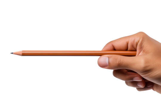 female hand holding a pencil isolated on transparent and white background.PNG image.