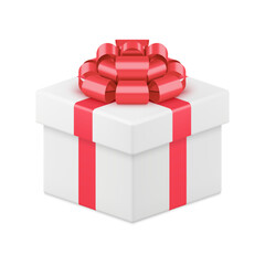 White elegant wrapped gift box with red luxury bow ribbon 3d icon realistic vector illustration