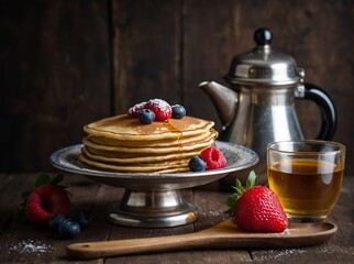 Still life. Pancakes with berries, teapot and cup. Generative AI
