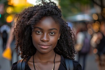 Portrait of young happy african woman with afro curly hairstyle strolling in the New York city. Cheerful black student walking on the streets