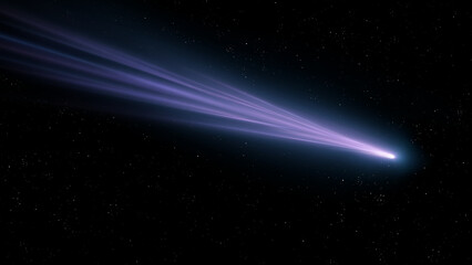 Comet in space, celestial object. Beautiful shining tail of a comet on a black background. Large meteorite isolated. © Nazarii