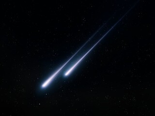 Meteorites glow in the atmosphere. Meteor trails in the sky. Bolides on a black background. © Nazarii