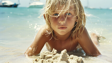 A barefoot child , eyes wide with wonder, builds a sandcastle at the water's edge