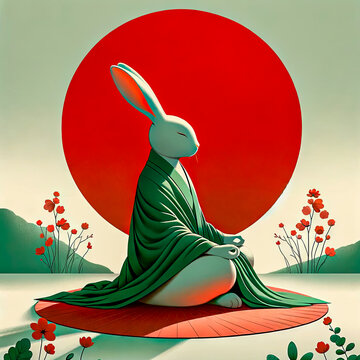 Beneath the red sun - An Easter Bunny sits in reflection, draped in a green shawl against a minimalist backdrop with a striking red orb, evoking the peaceful essence of a traditional Eastern sunrise.