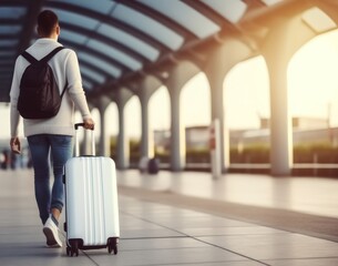 Young woman walking with luggage at airport terminal. Travel and business concept. Travel and tourism concept with copy space. Travel concept with copy space. Travelling. 