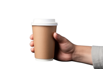 Close up male hand holding a Coffee paper cup,Paper coffee cups, recycled isolated on transparent and white background.PNG image.
