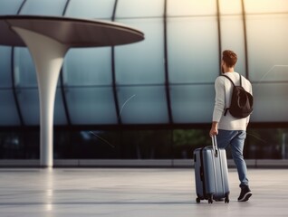 Young man with a suitcase at the airport. Travel and tourism concept. Travel and business concept with copy space. Travel concept with copy space. Travelling. 