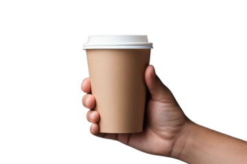 Woman holding takeaway paper coffee cup isolated on transparent background,PNG image.