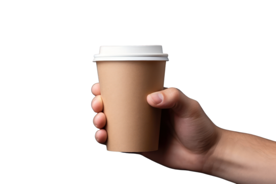 Close up male hand holding a Coffee paper cup,Paper coffee cups, recycled isolated on transparent and white background.PNG image.