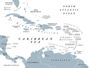 The Caribbean Sea and its islands, gray political map. The Caribbean, subregion of the Americas, with the West Indies, compromising independent island countries and dependencies in three archipelagos. - obrazy, fototapety, plakaty