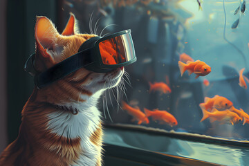 A cat in VR glasses sits near an aquarium and looks at the fish