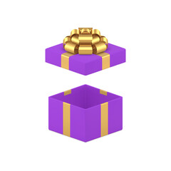 Obraz premium Luxury purple gift box with open lid and golden bow ribbon empty pack 3d icon realistic vector