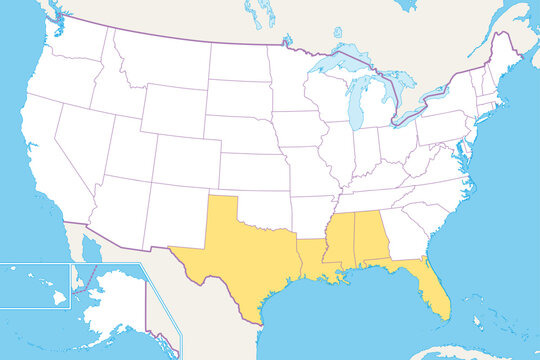 Gulf States of the United States, Gulf South or South Coast, political map. Coastline along the Southern United States at the Gulf of Mexico. Texas, Louisiana, Mississippi, Alabama and Florida. Vector