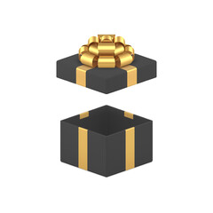 Black luxury open gift box with golden bow ribbon festive present 3d icon realistic vector