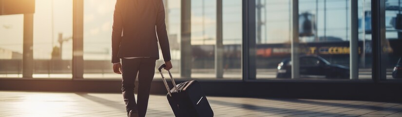 Businessman with suitcase walking in airport terminal, panoramic banner. Travel and business concept . Travel concept. Travelling. - obrazy, fototapety, plakaty