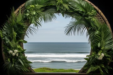 Tropical green jungle wedding arch decor in lush tropical setting for dream wedding ceremony - obrazy, fototapety, plakaty