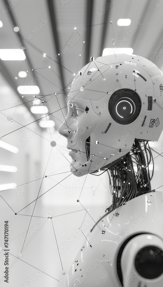 Poster futuristic white robot with digital network connections in 3d rendering and space for text placement
