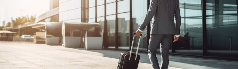 Rear view of young businessman in suit walking with luggage in airport. Travel and business concept . Travel concept. Travelling. - obrazy, fototapety, plakaty