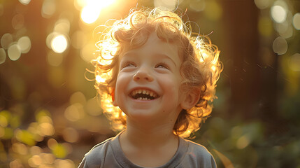 A laughing child, with sunlight streaming through trees as the background, during a carefree summer day
