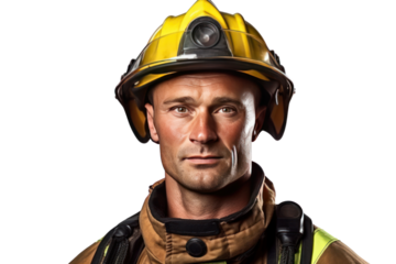 A firefighter in uniform isolated on transparent and white background.PNG image.