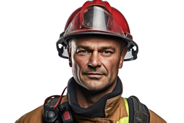 A firefighter in uniform isolated on transparent and white background.PNG image.