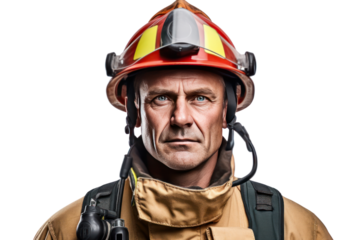 A firefighter in uniform isolated on transparent and white background.PNG image.
