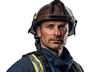 A firefighter in uniform  isolated on transparent and white background.PNG image.	