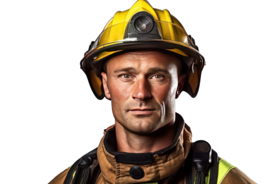 A firefighter in uniform isolated on transparent and white background.PNG image.
