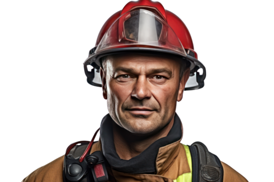 A firefighter in uniform isolated on transparent and white background.PNG image.